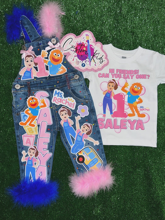 Custom jean overall set with matching white shirt