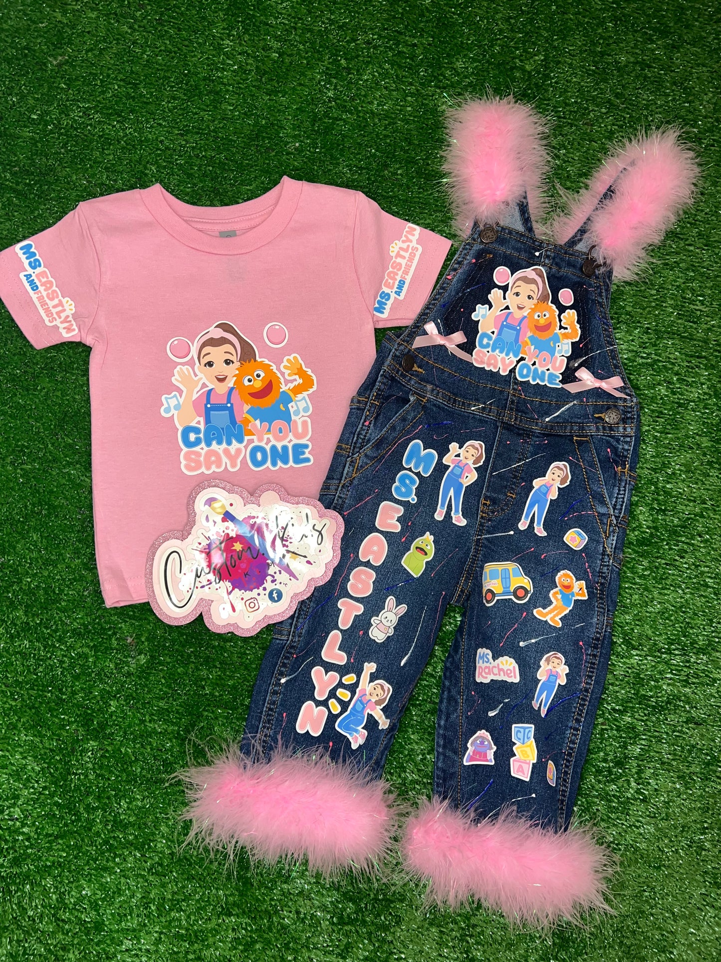 Custom jean overall set with matching white shirt