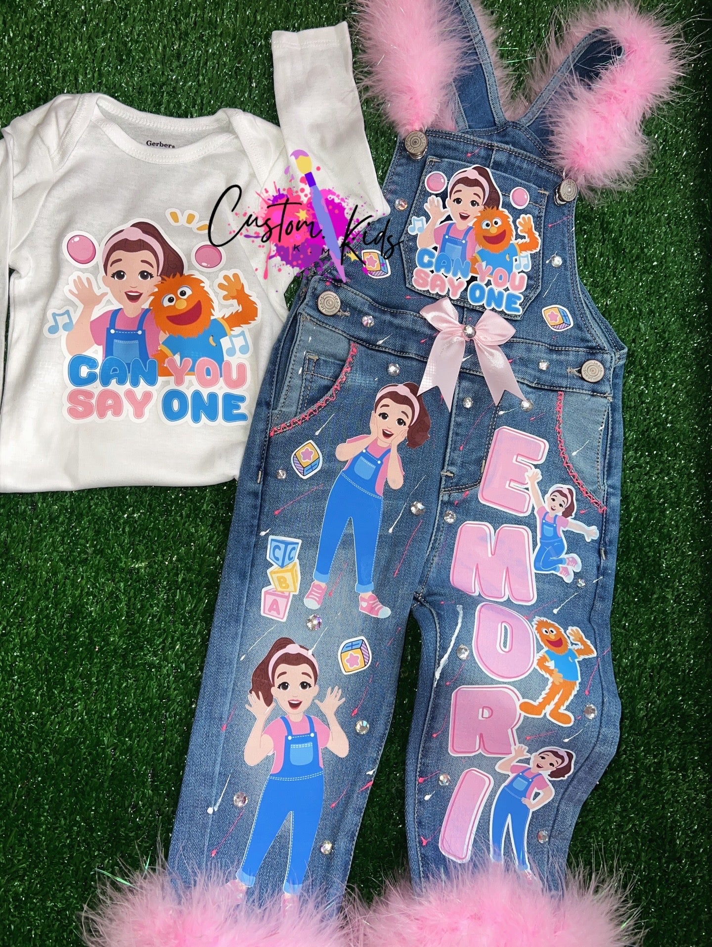 Custom jean overall set with matching white shirt